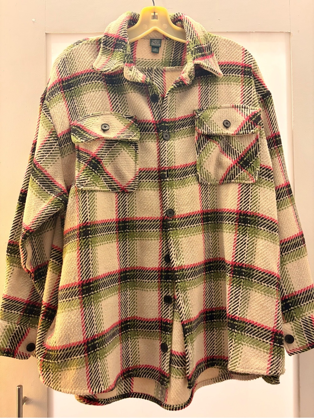wild fable Beige Plaid Utility Shacket with Green & Red Accents